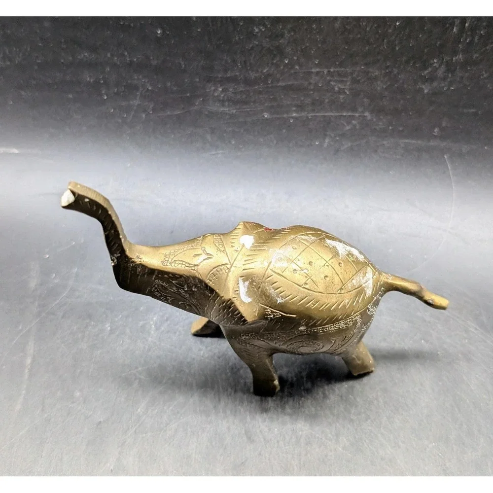 Vintage Etched Brass Elephant Figurine Trunk Up Good Luck Statue India Decor 6